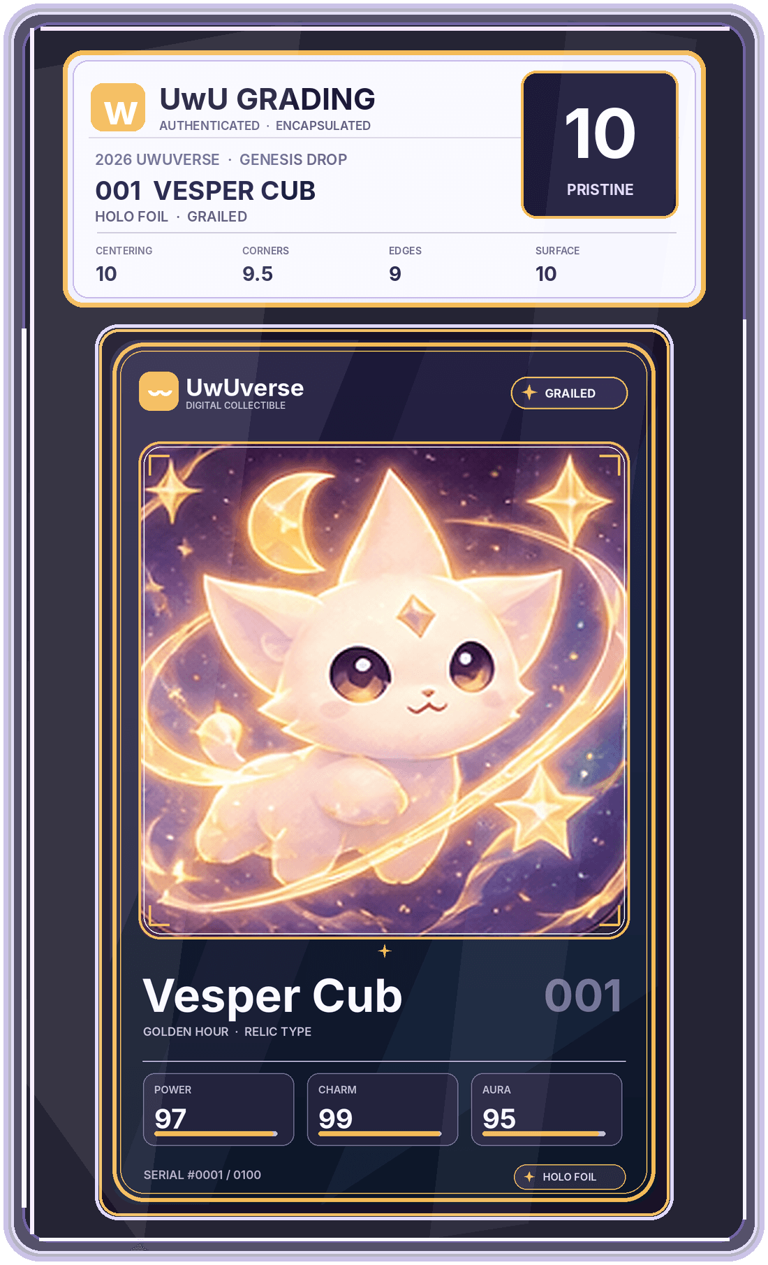 Vesper Cub, a placeholder graded-slab mockup showing the certification ticket and encapsulated card